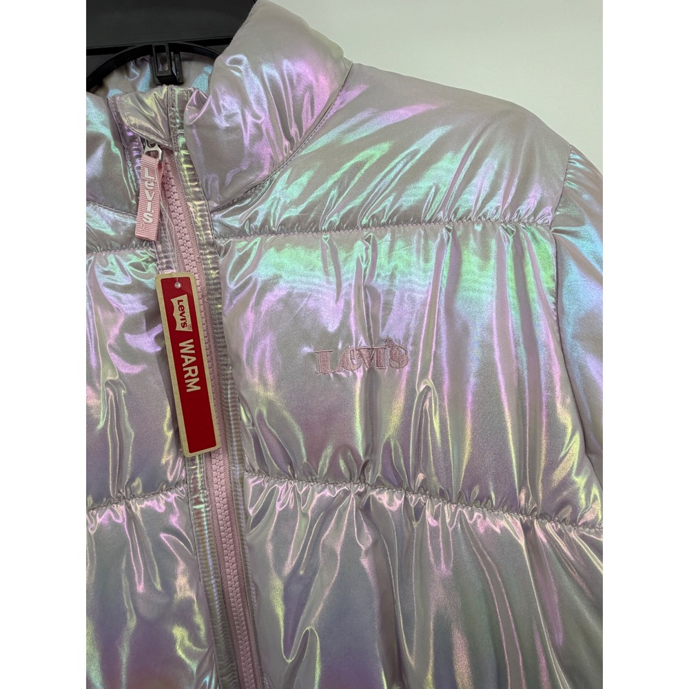 Levis Girls Iridescent Puffer Jacket Coat Holographic Pink Purple XL 13-15 Years - Picture 6 of 7